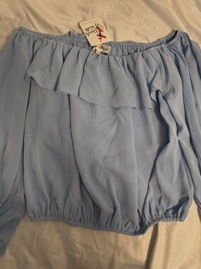 Off-Shoulder Light Blue Ruffle Blouse